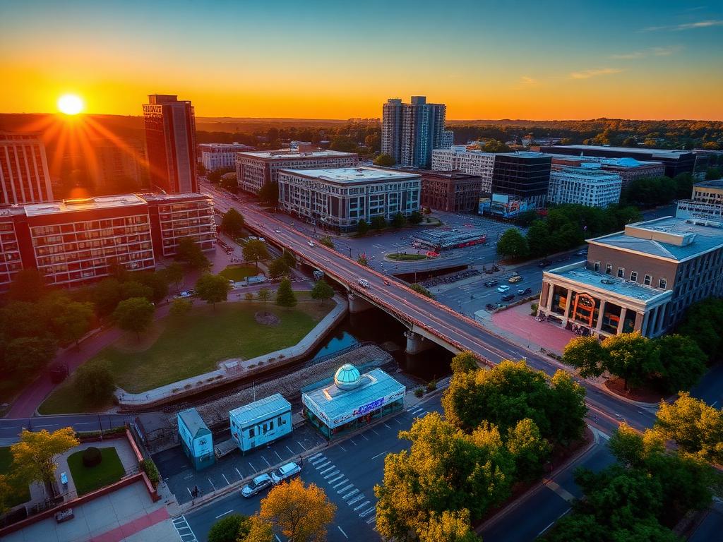 Aerial view of Downtown Greenville, SC with Falls Park and Liberty Bridge